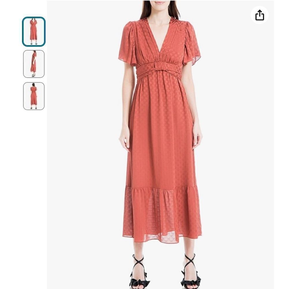 NWT Max Studio Women's Jacquard Shine Dot Cinched Waist Midi Dress Russet Small